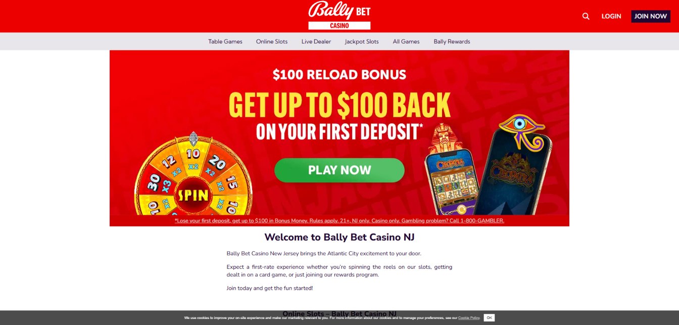 A screenshot of Bally Casino's bonuses