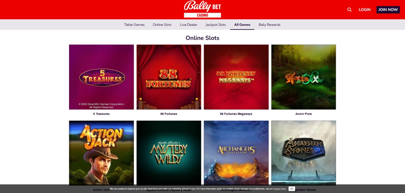 A screenshot of Bally Casino's slot games