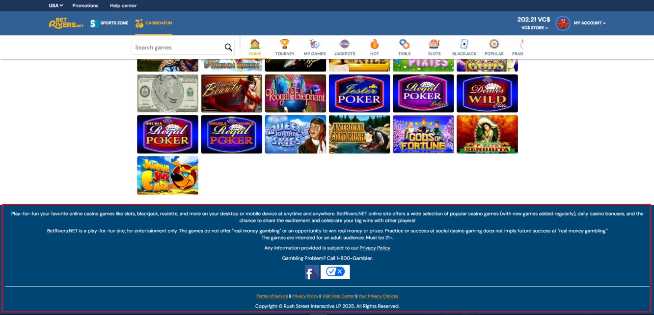 A screenshot of Betrivers's footer