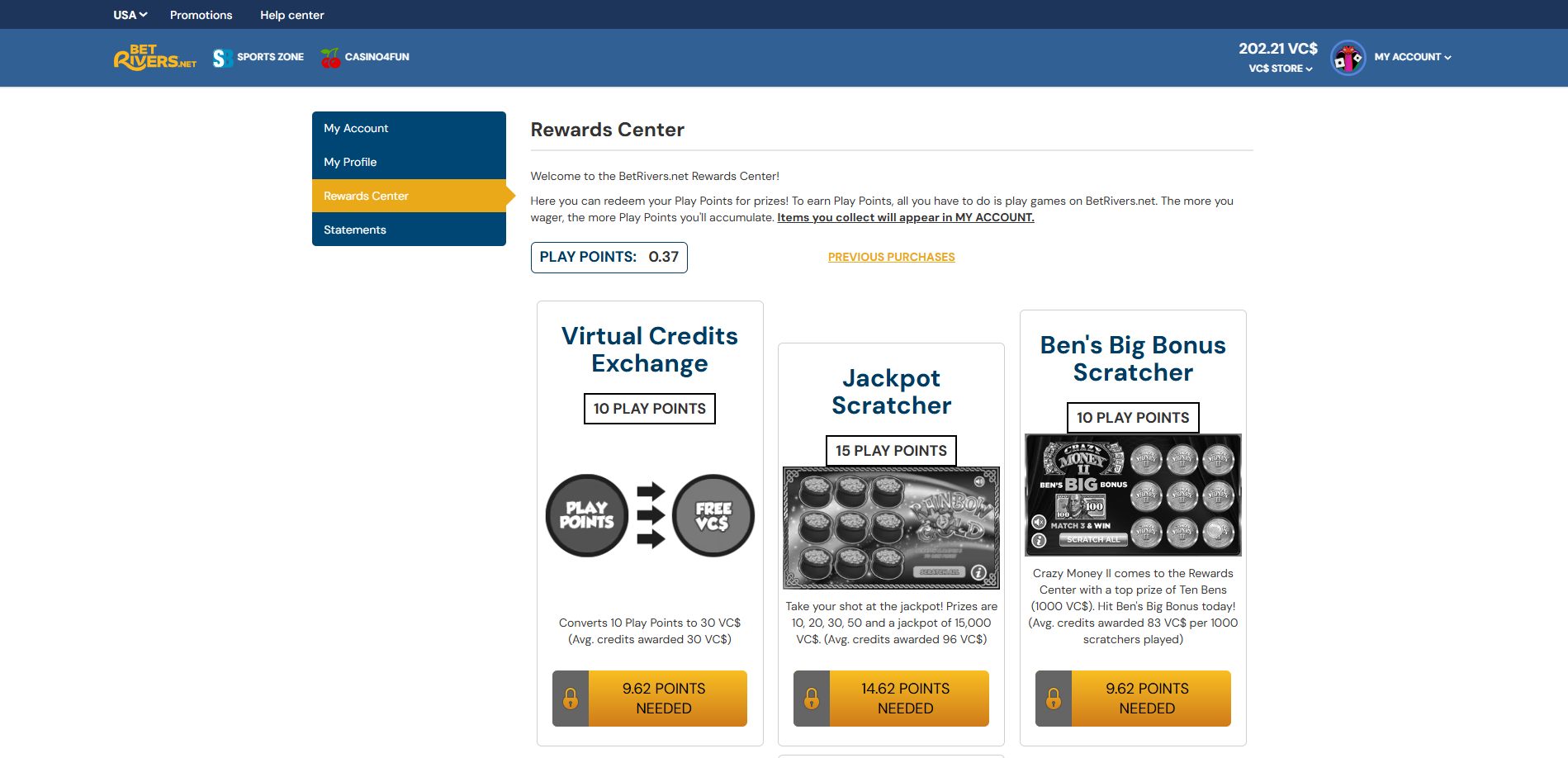 A screenshot of Betrivers' rewards center