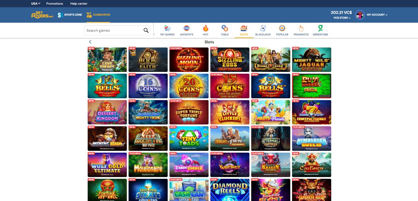 A screenshot of Betrivers' slots lobby