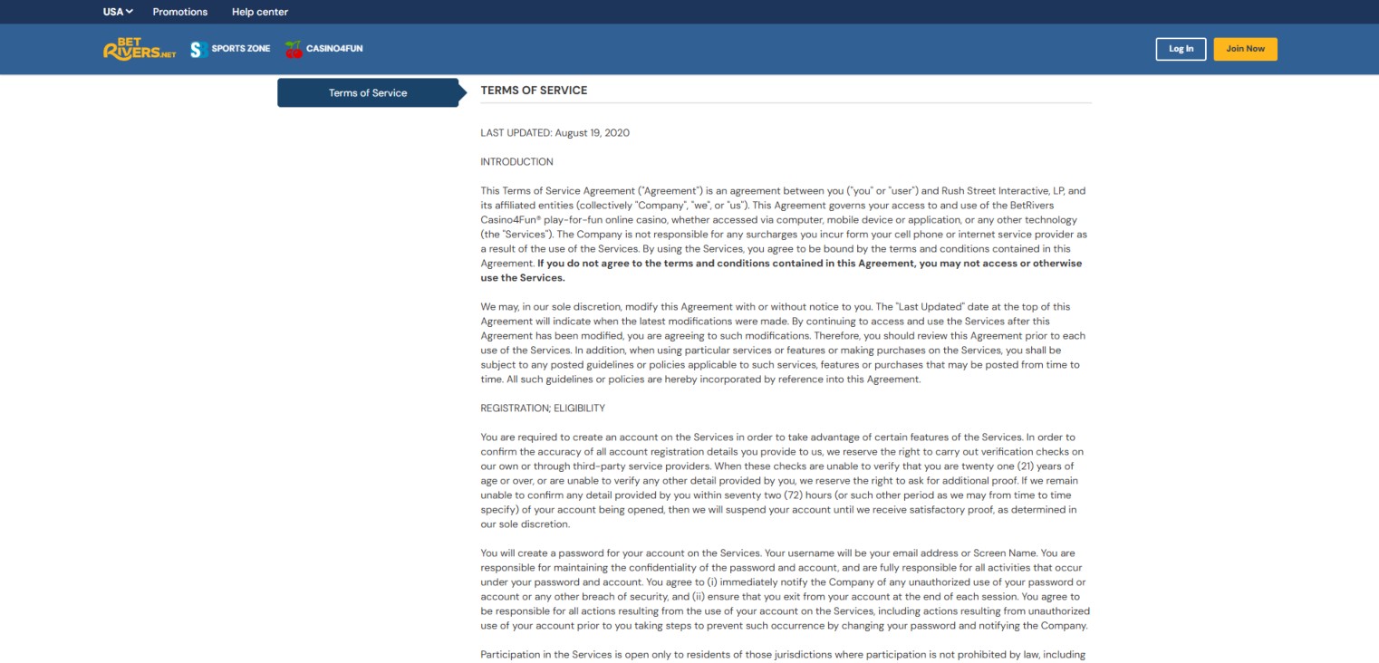 A screenshot of Betrivers' terms and conditions page