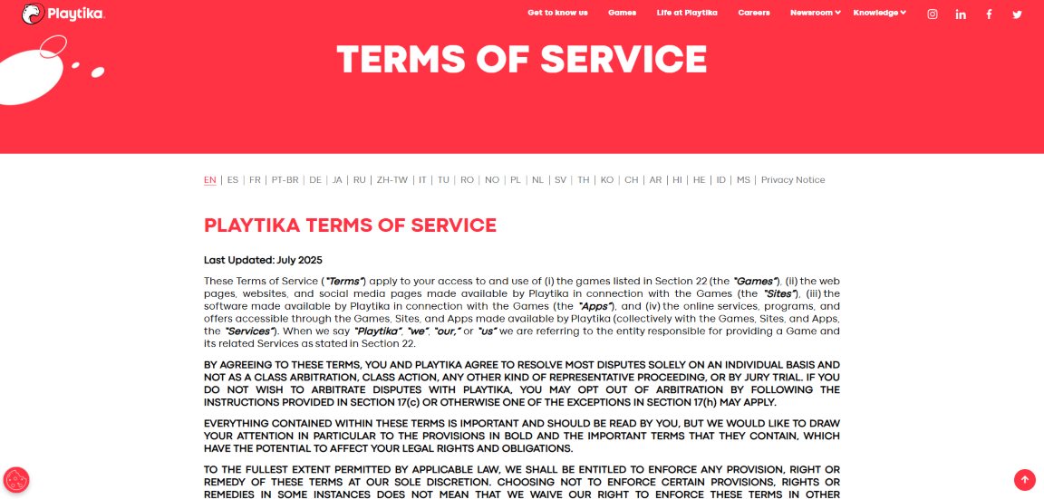 A screenshot of Caesars Slots' terms of service page