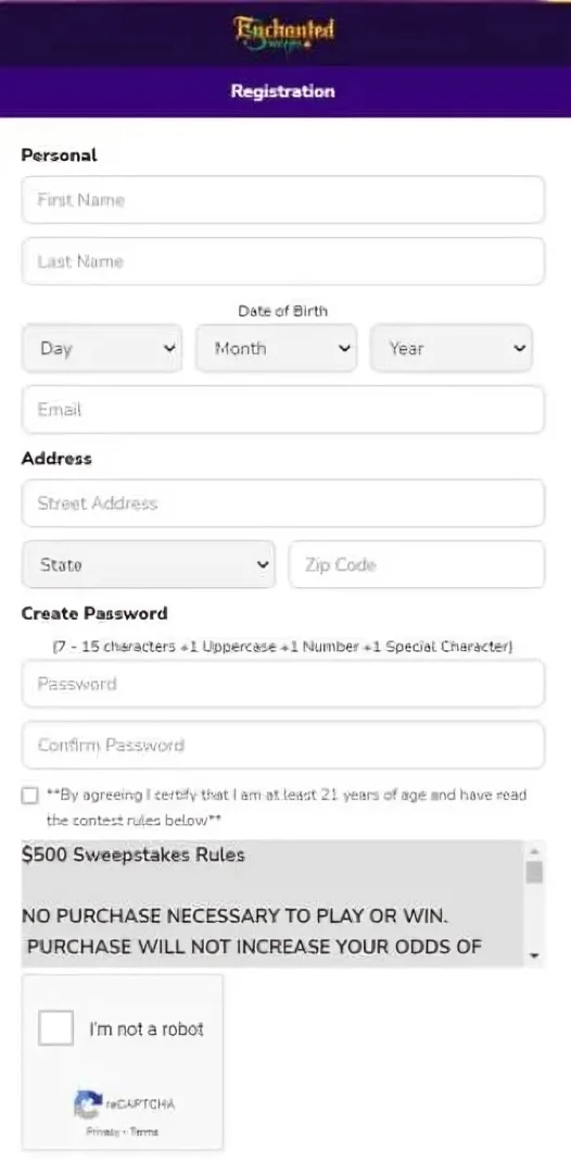 A screenshot of enchanted sweeps casino registration field.