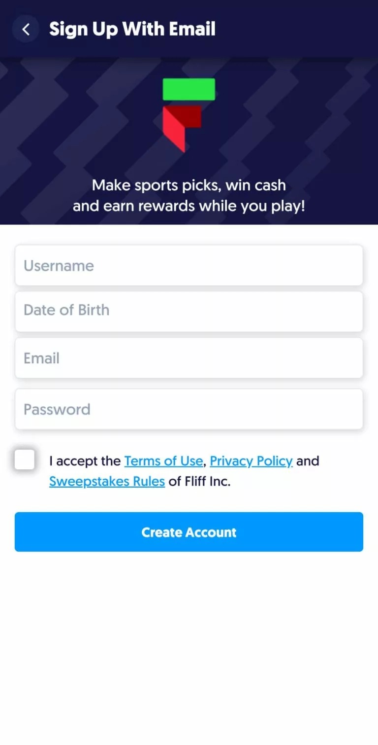 A screenshot of Fliff's registration field