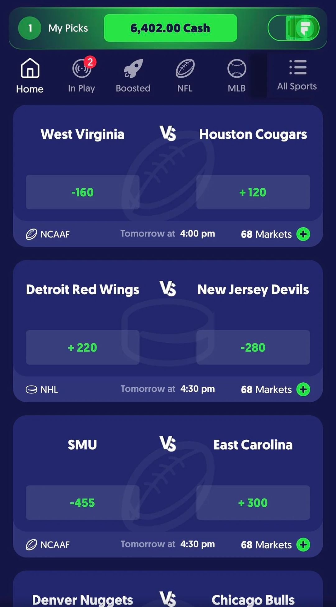 A screenshot of Fliff's mobile betting overview