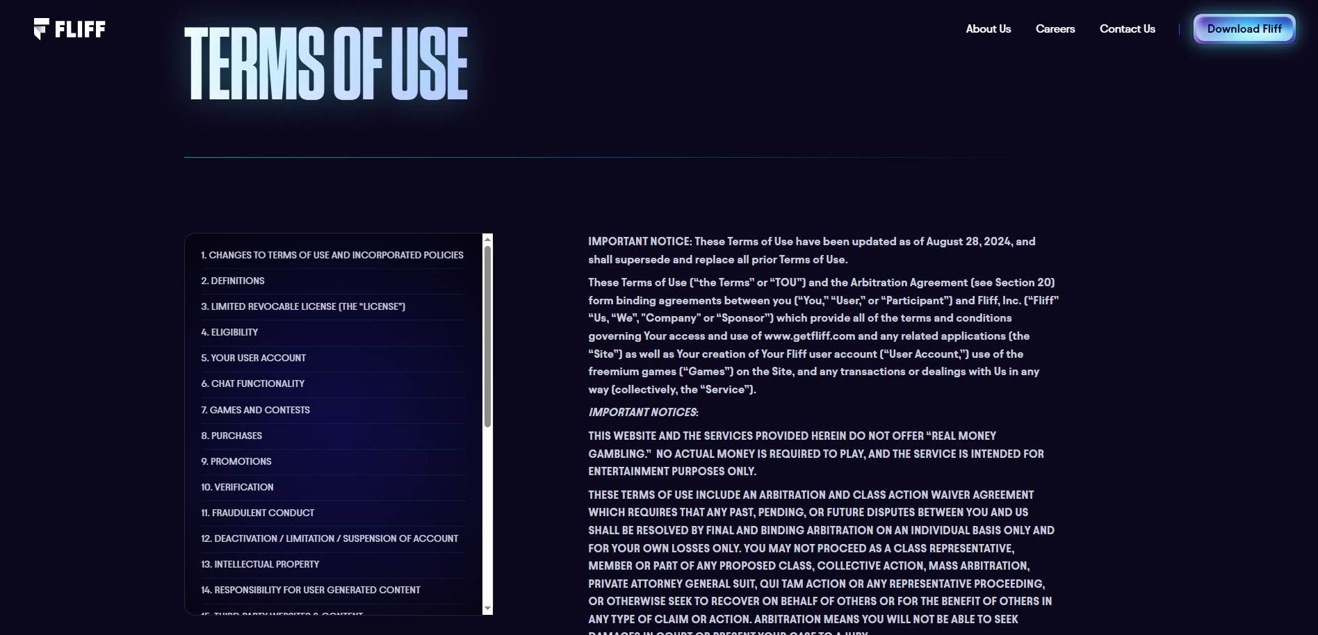 A screenshot of Fliff's terms of use page