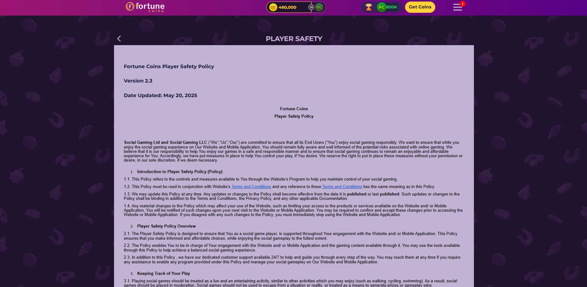 A screenshot of Fortune Coins Casino's player safety