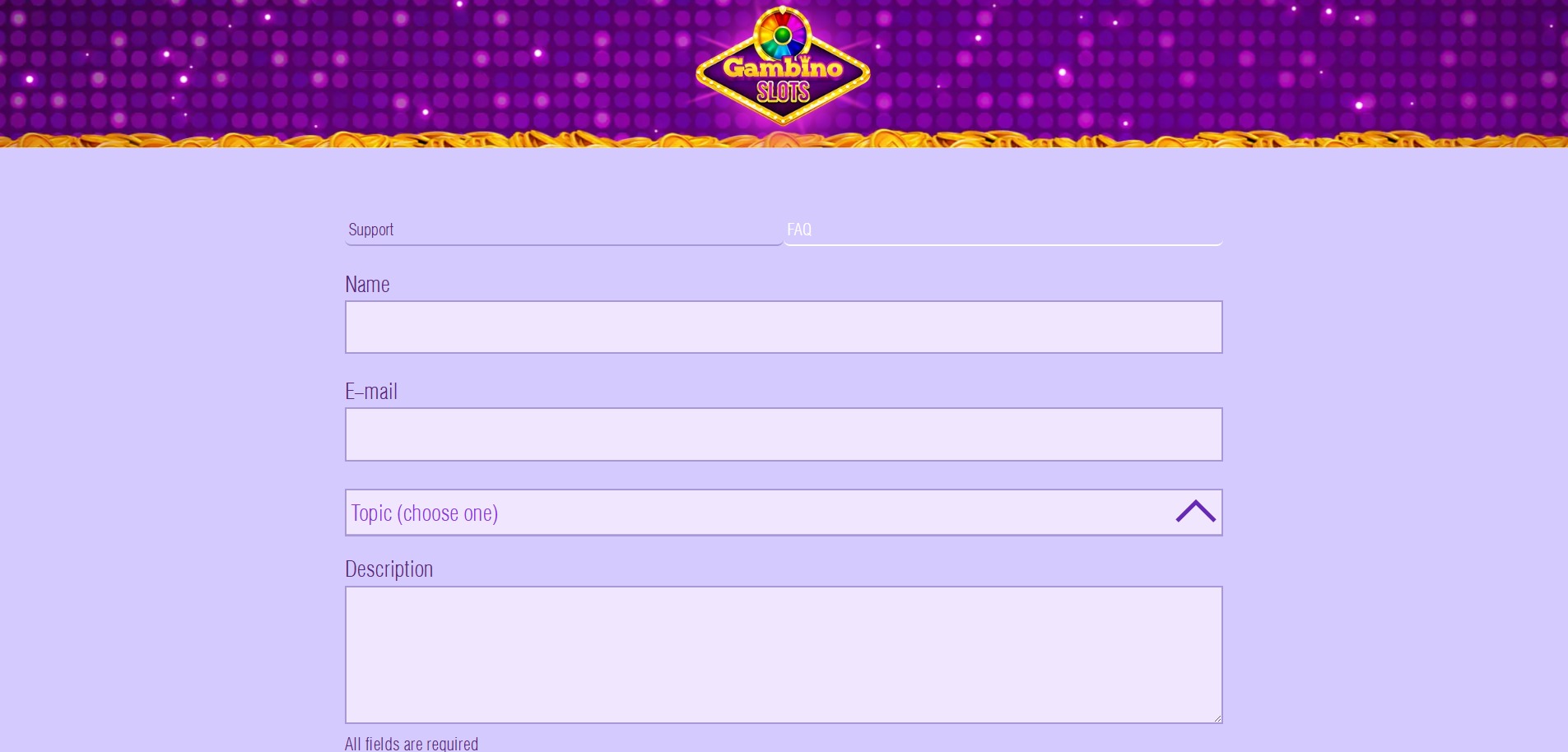 A screenshot of Gambino Slots' customer support page