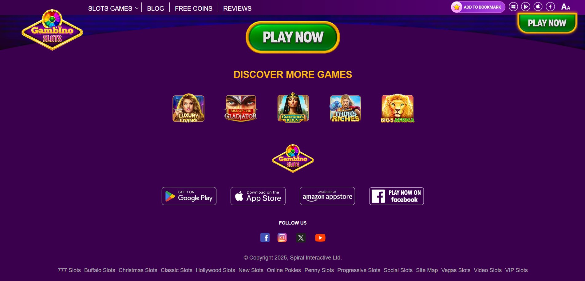 A screenshot of Gambino Slots' footer