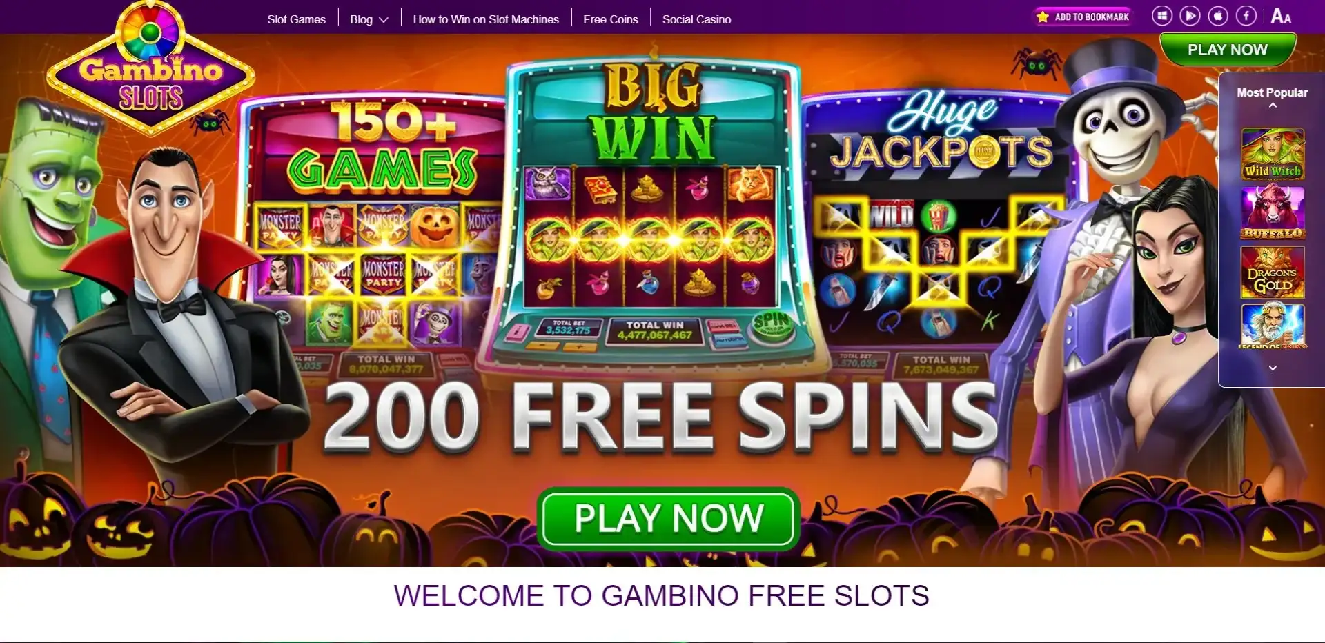 Screenshot of gambino slots landing page