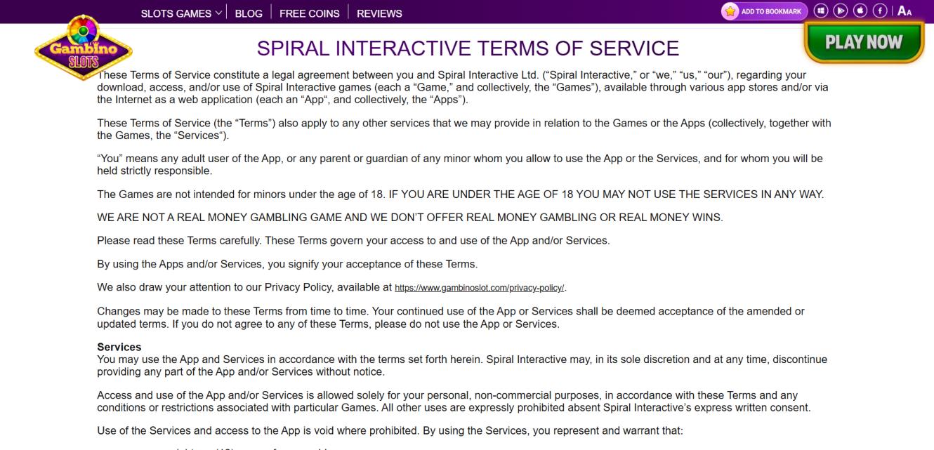 A screenshot of Gambino Slots' terms of service page