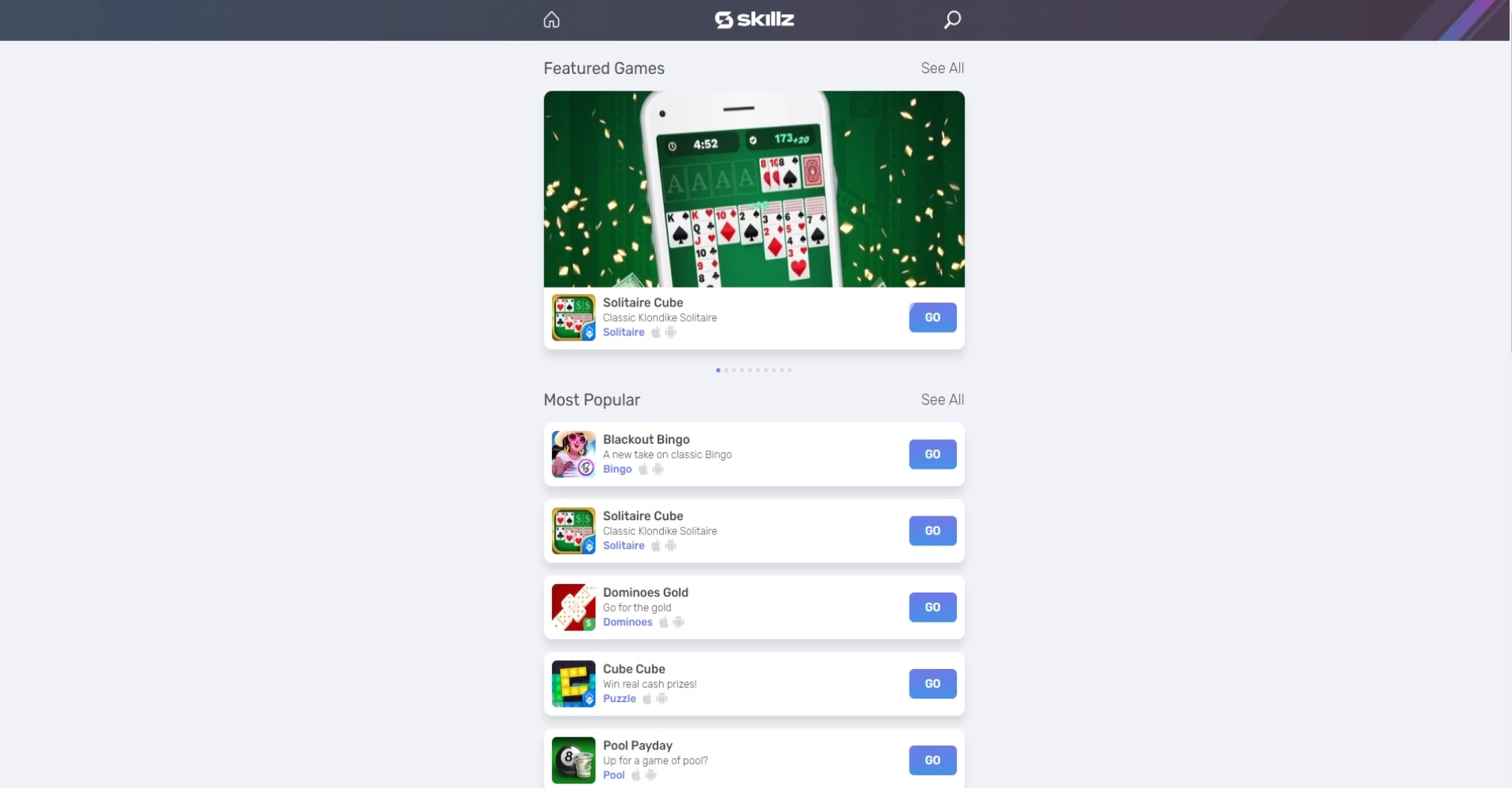 Screenshot of games.skillz landing page