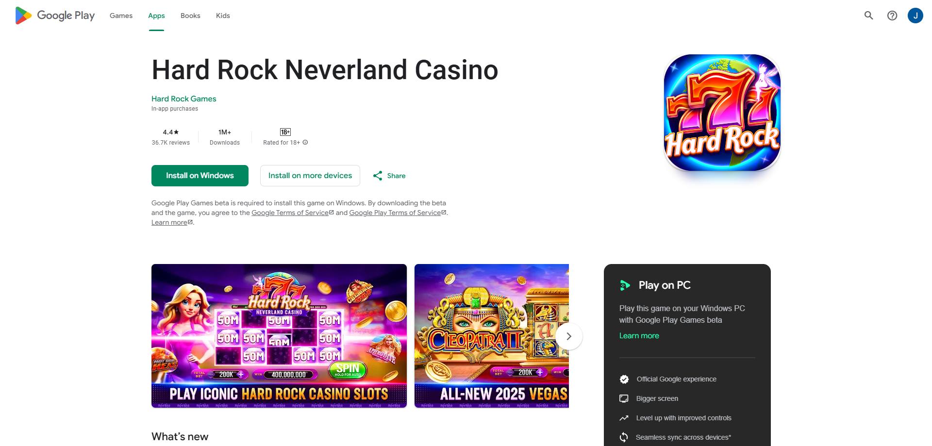 A screenshot of Neverland Casino's playstore listing