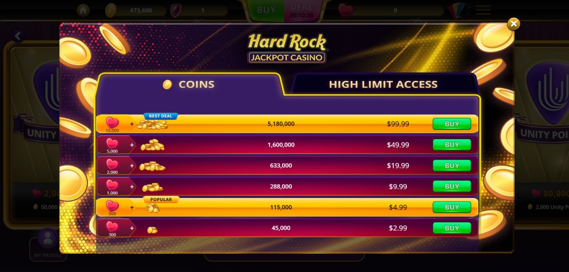 A screenshot of Hard rock social casino's coins shop