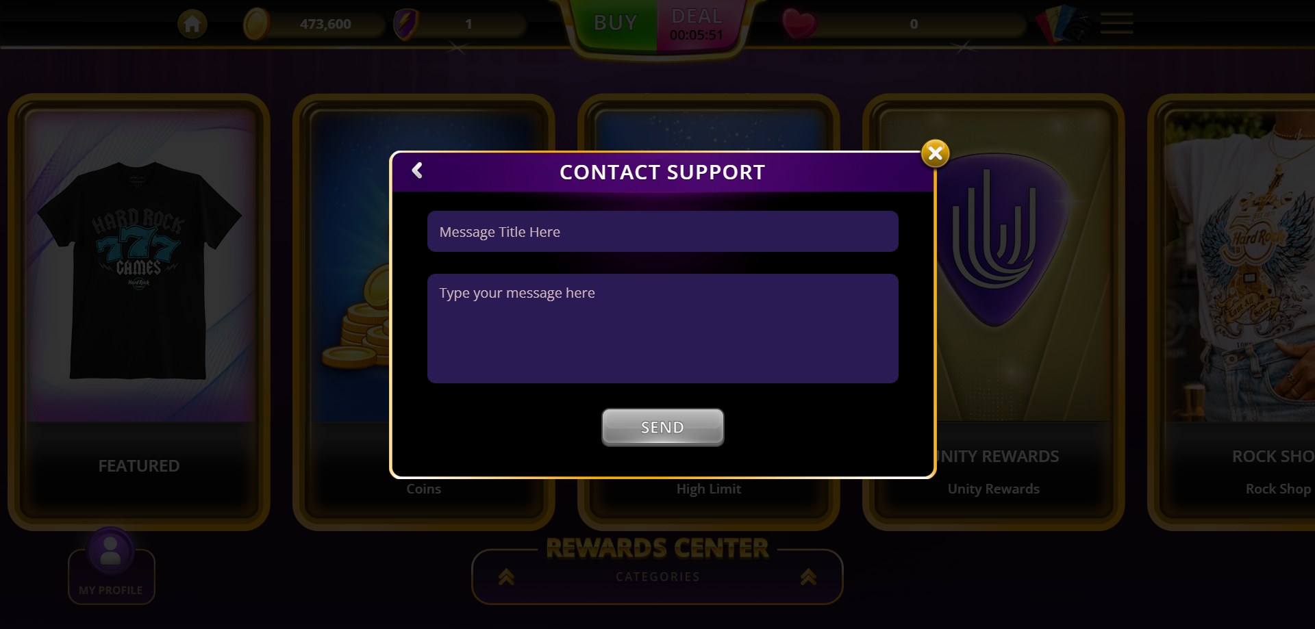 A screenshot of Hard rock social casino's support