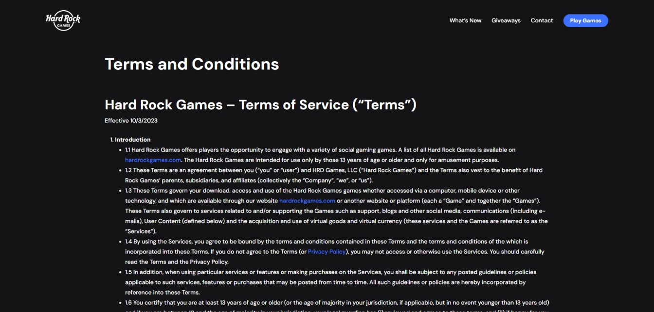 A screenshot of Hard rock social casino's terms and conditions page