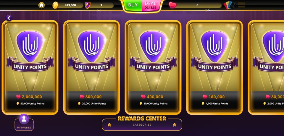 A screenshot of Hard rock social casino's unity program
