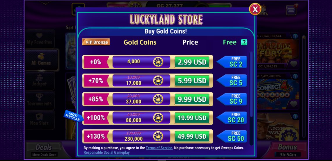 A screenshot of Luckyland Slots Casino's coins store