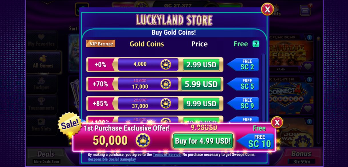 A screenshot of Luckyland Slots Casino's first purchase bonus