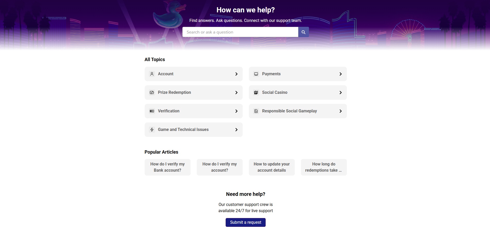 A screenshot of Luckyland Slots Casino's help center
