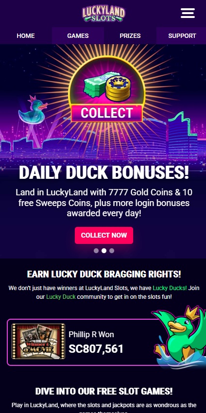 A screenshot of Luckyland Slots Casino's mobile view
