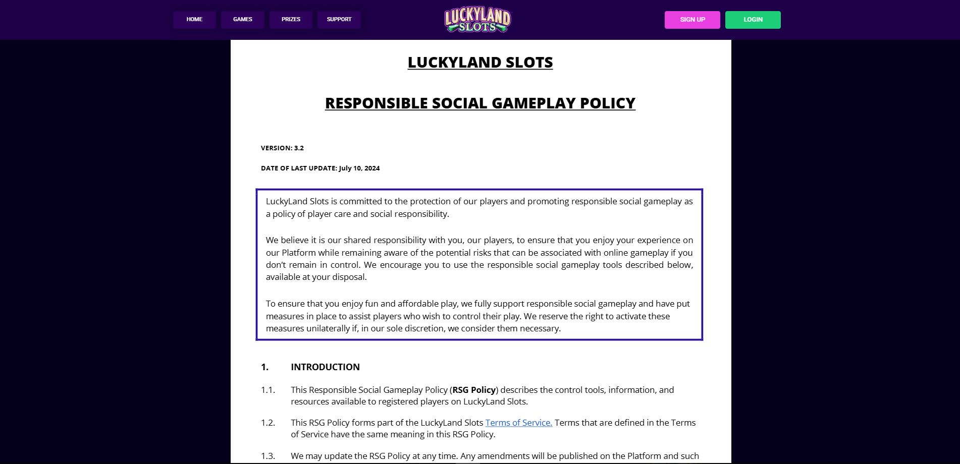 A screenshot of Skillz Games' responsible gambling page