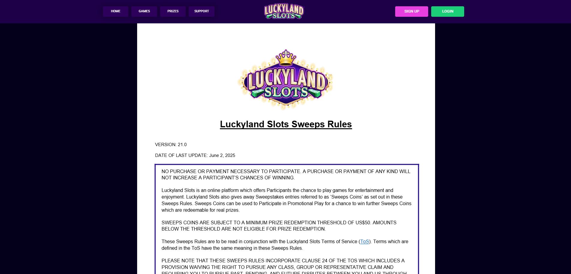 A screenshot of Luckyland Slots Casino's rules page