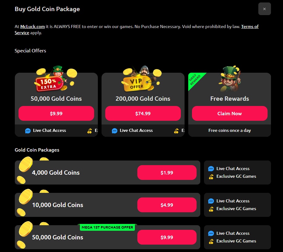 A screenshot of Mcluck Casino's payment methods