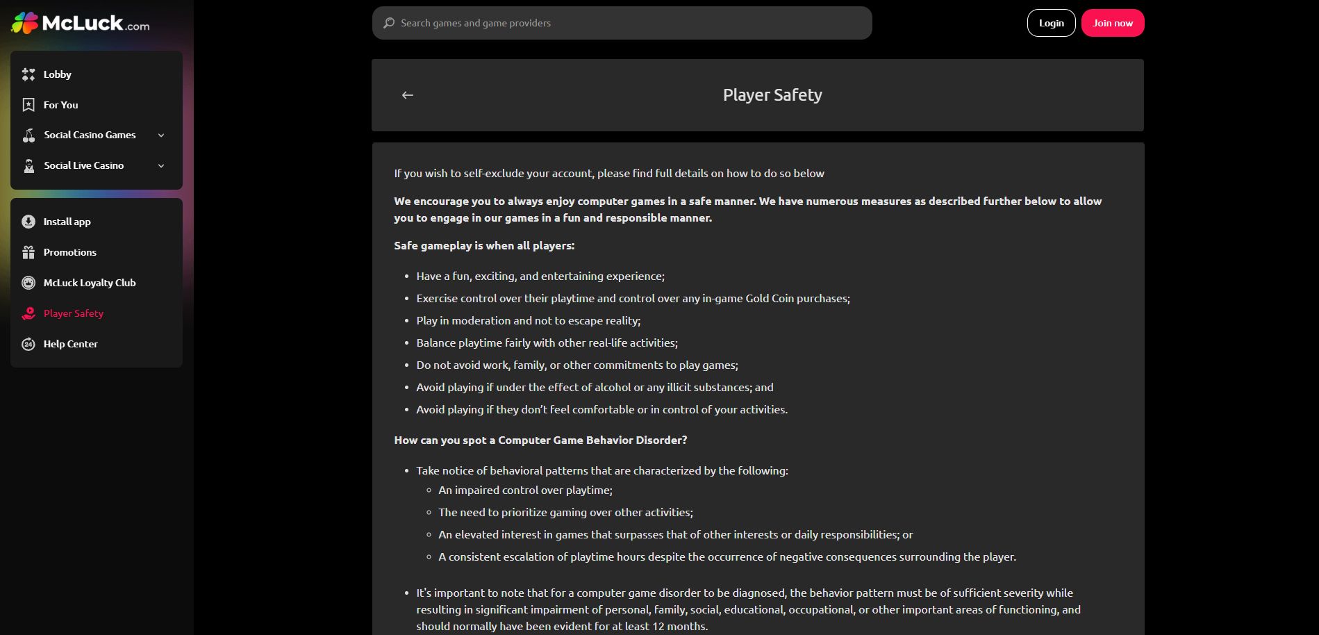 A screenshot of Mcluck Casino's player safety