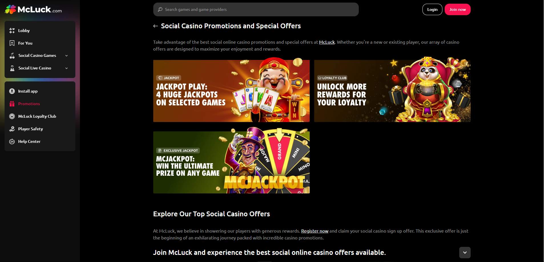 A screenshot of Mcluck Casino's promotions