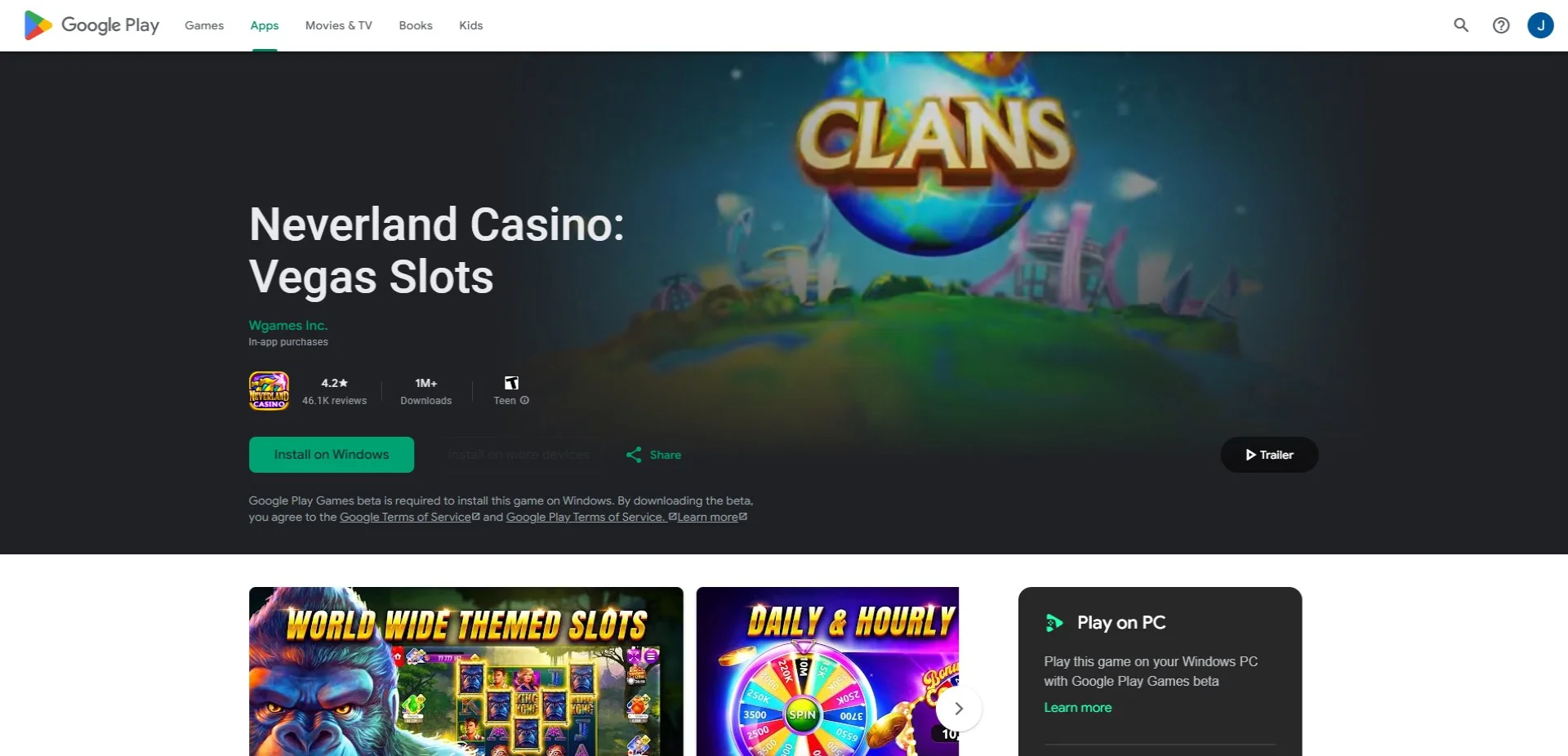 Screenshot of neverland casino landing page