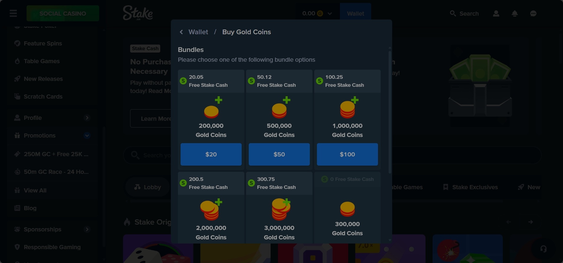 A screenshot of Stake.us' payment options.