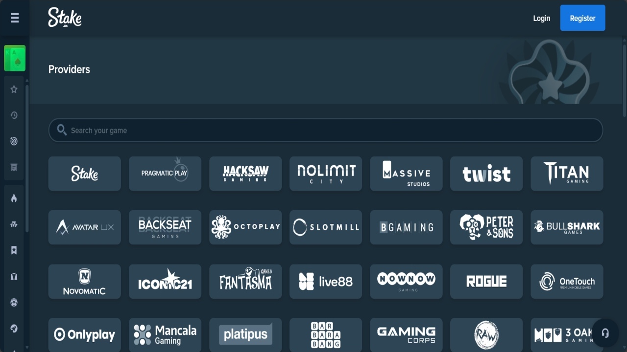 A screenshot of Stake.us' software providers.