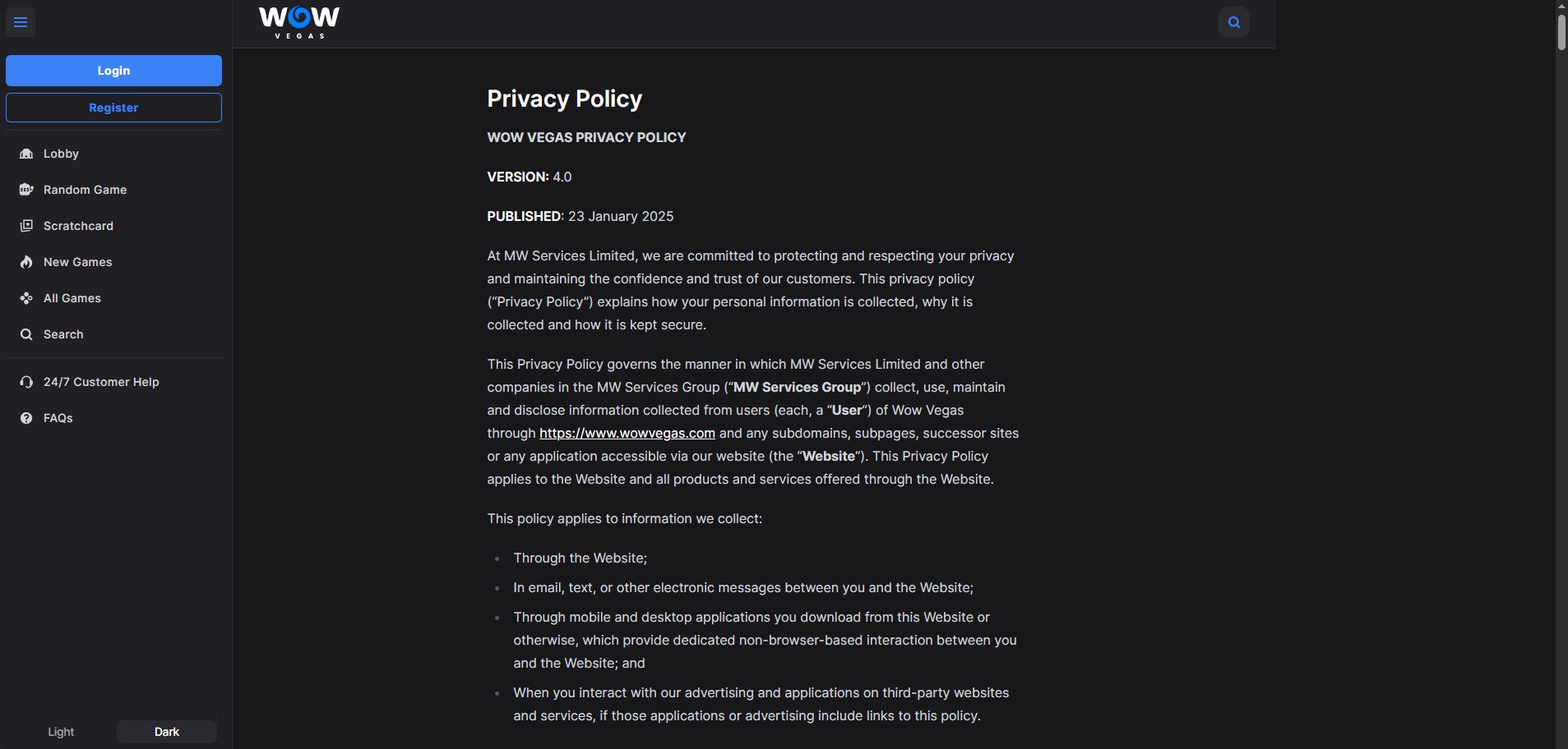 A screenshot of WOW Vegas Casino's privacy policy.