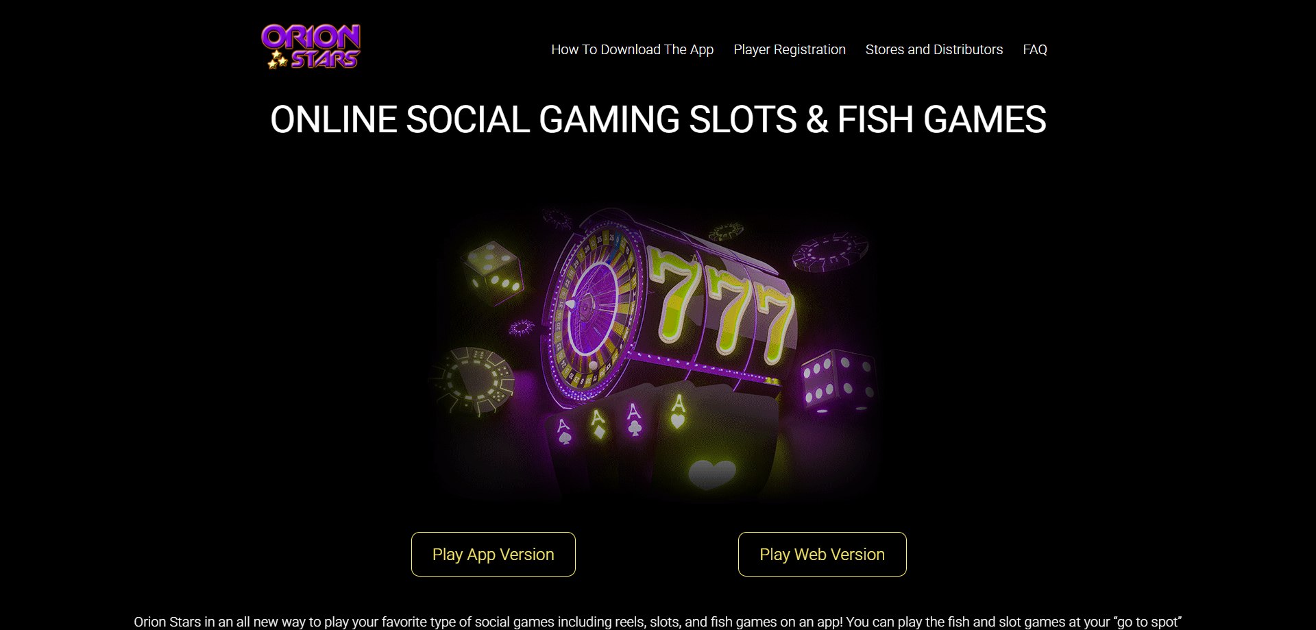A screenshot of Orion Stars' landing page