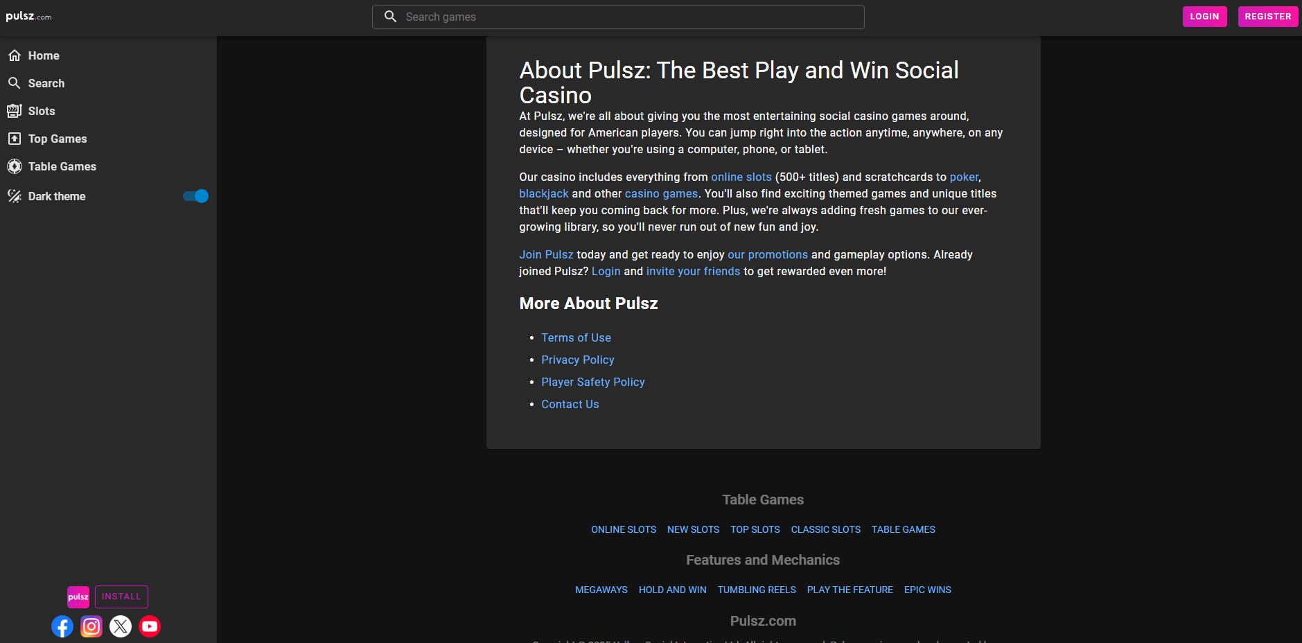 A screenshot of Pulsz Casino's about us page