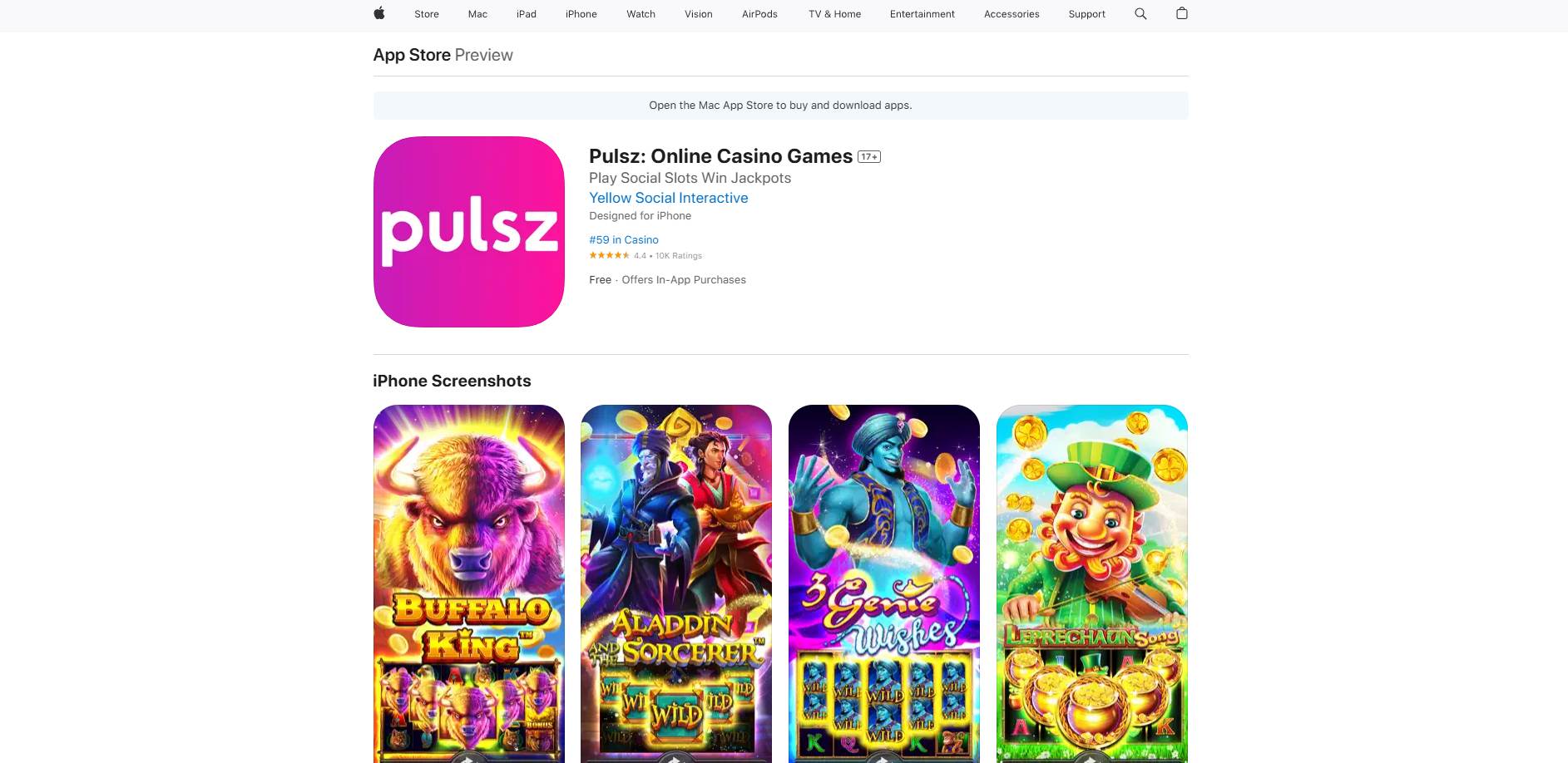 A screenshot of Pulsz Casino's app store listing