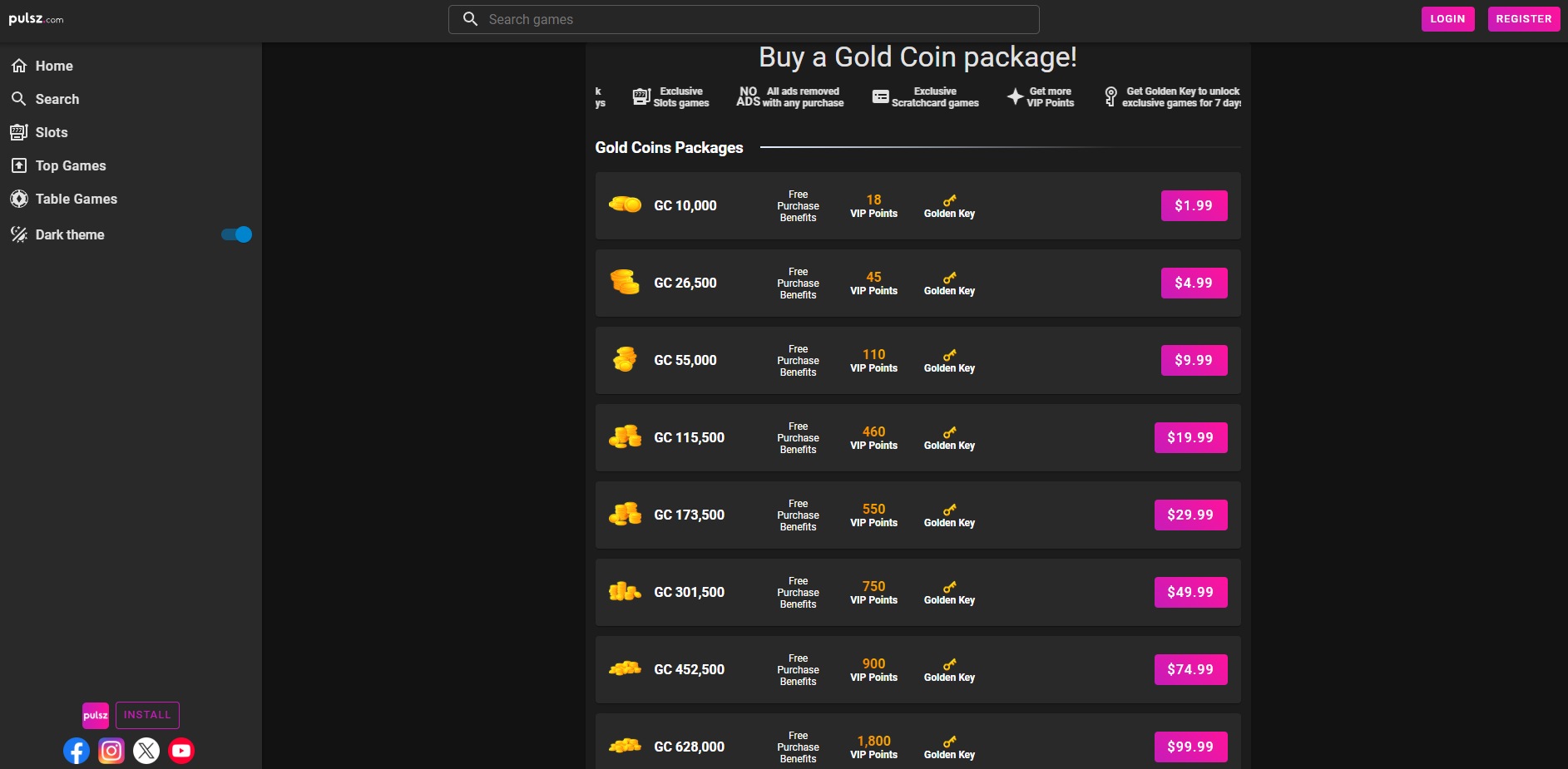 A screenshot of Pulsz Casino's coins store