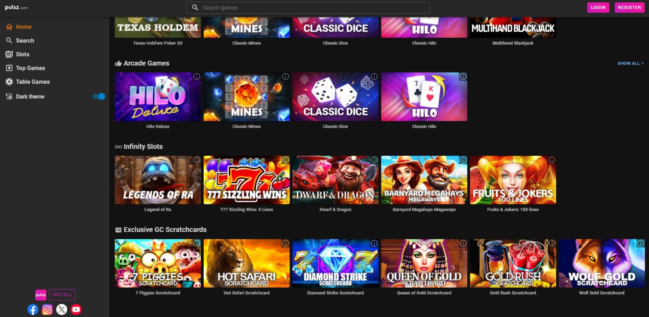 A screenshot of Pulsz Casino's games