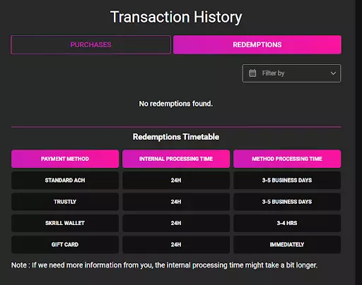 A screenshot of Pulsz Casino's redemption history