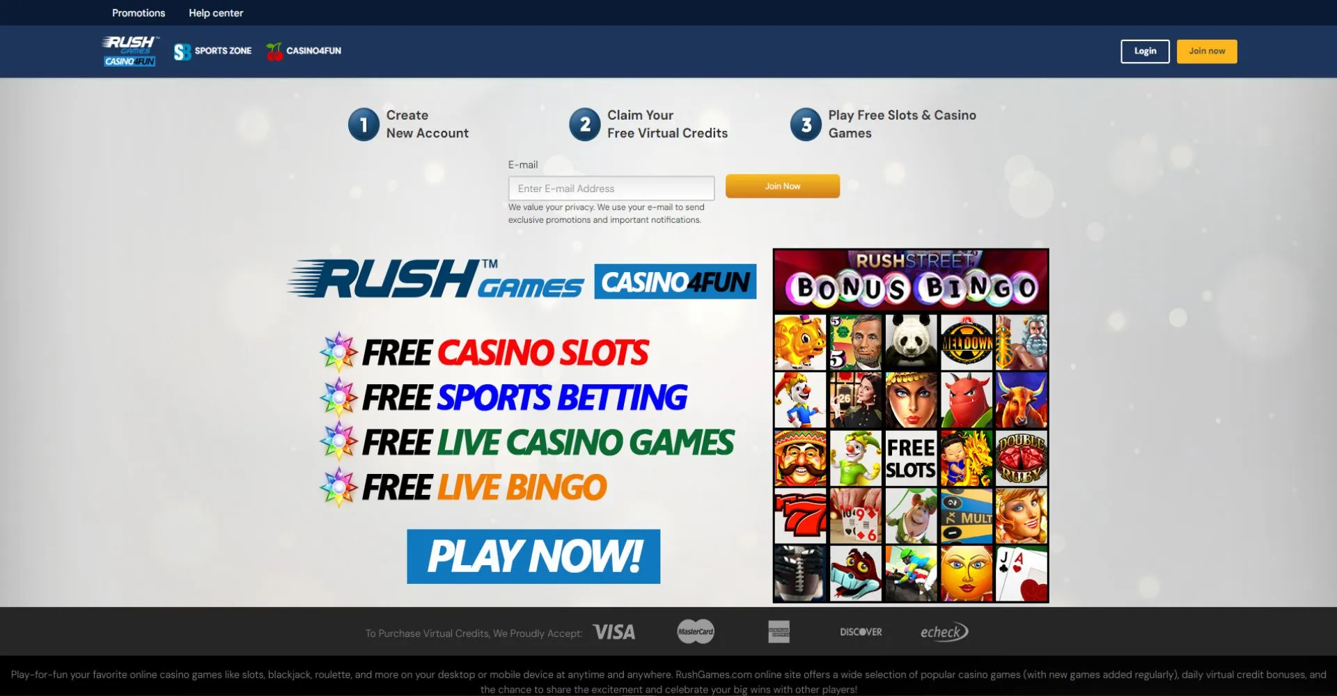 Screenshot of rush games landing page