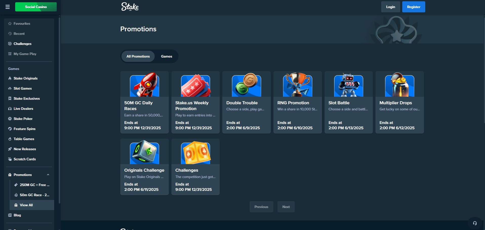 A screenshot of Stake.us' promotions page