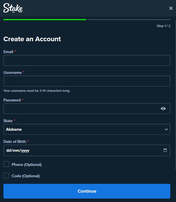 A screenshot of Stake.us' register