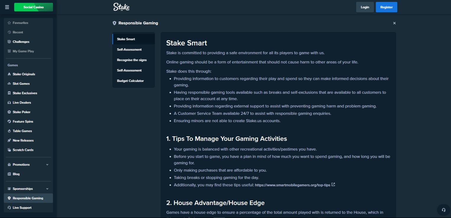 A screenshot of Stake.us' responsible gambling page