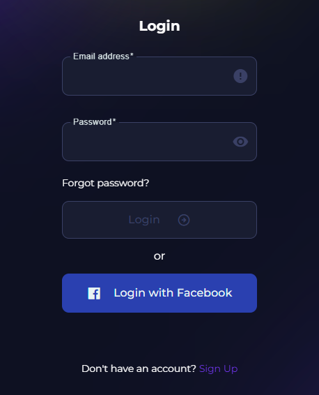 A screenshot of Sweeptastic login field.