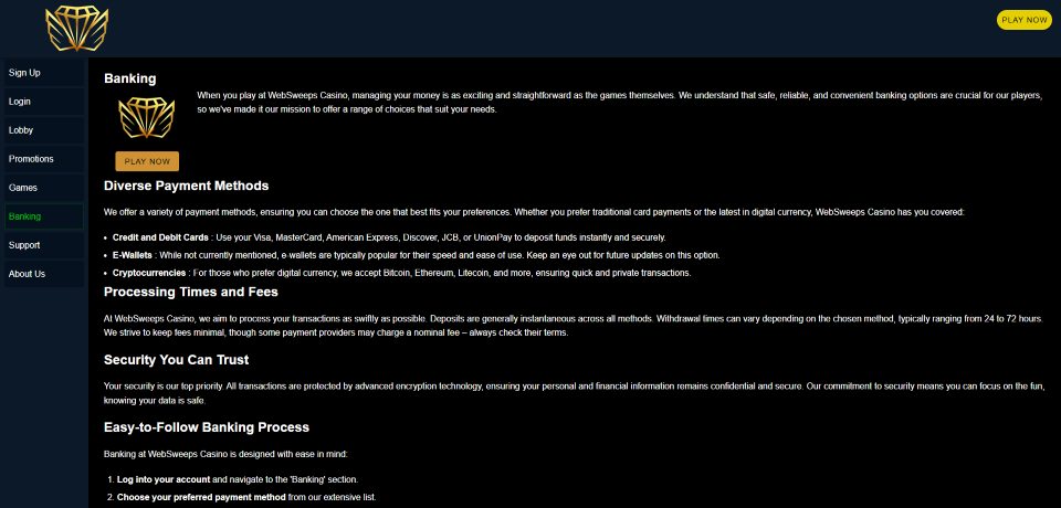 A screenshot of Websweeps Casino's banking page