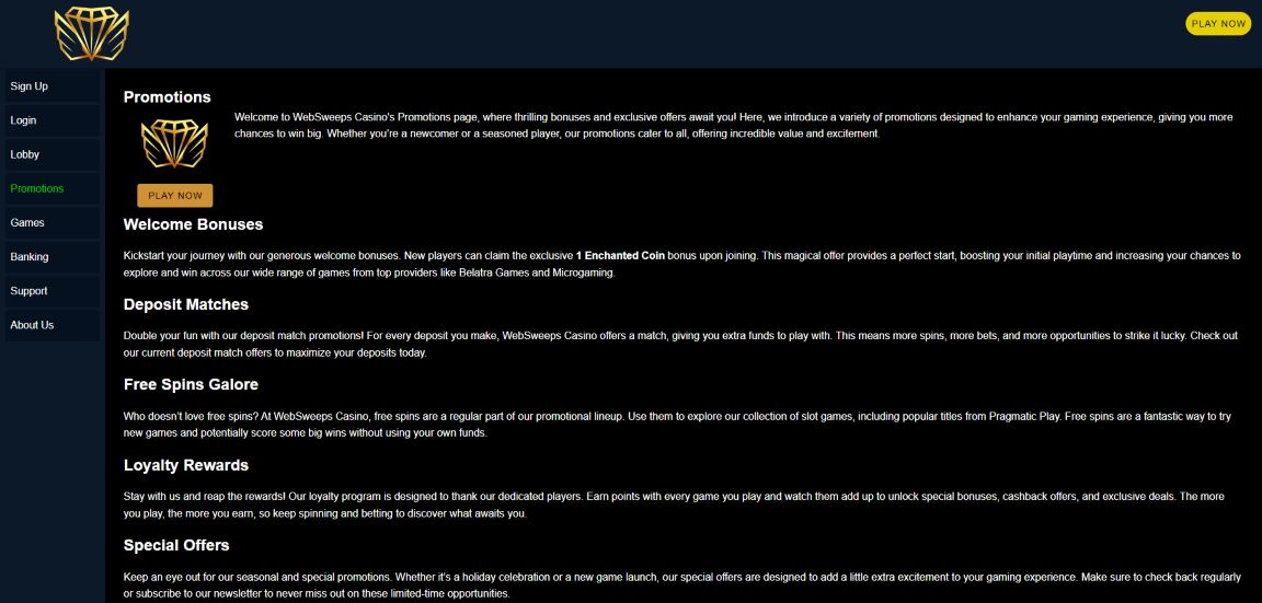 A screenshot of Websweeps Casino's promotions page