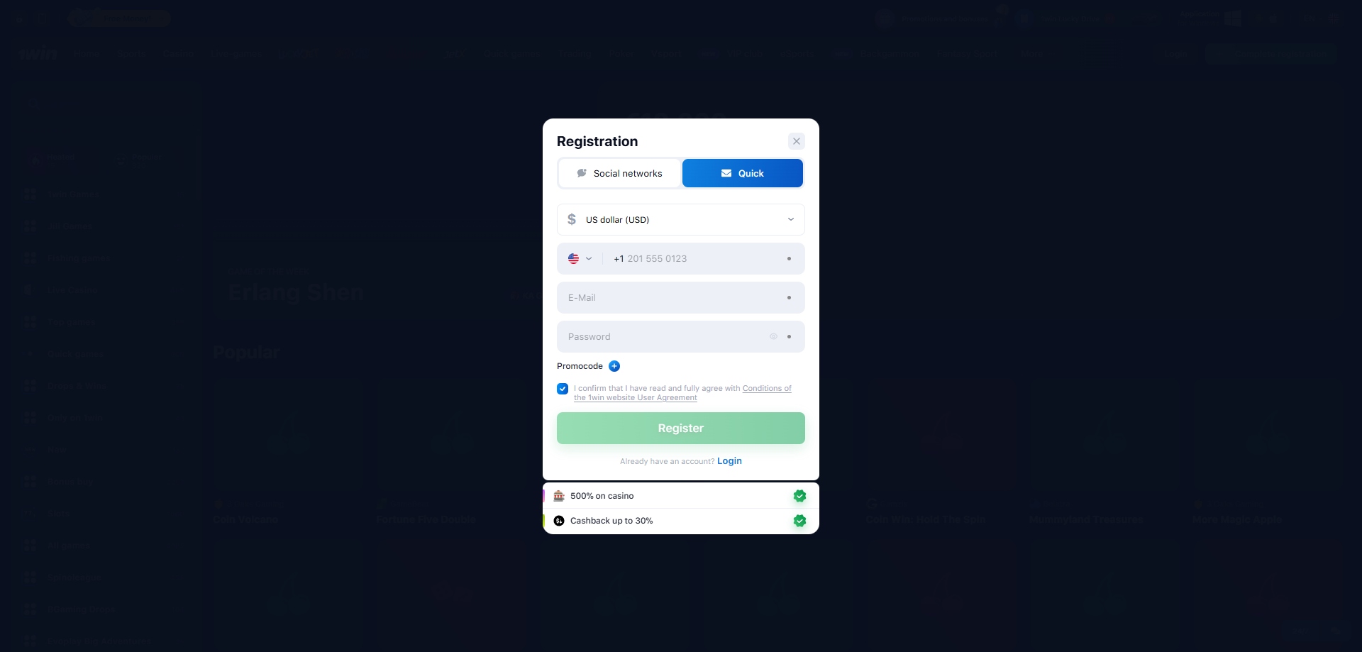 A screenshot of Websweeps Casino's registration field
