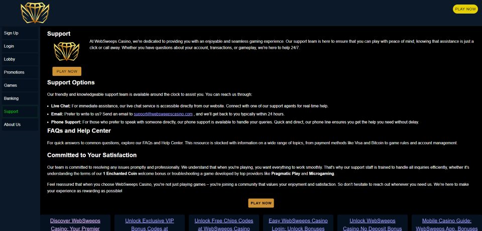 A screenshot of Websweeps Casino's support page
